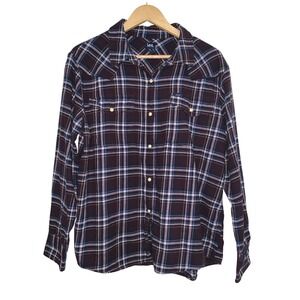 Lee Plaid Flannel Western Snap Button Shirt Womens XL Burgundy Blue White